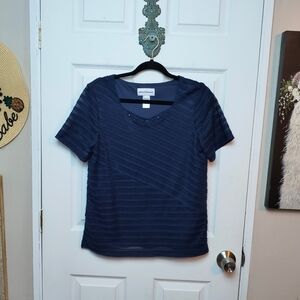 Alfred Dunner Shirt Small Navy Blue Textured Jewel Blouse career